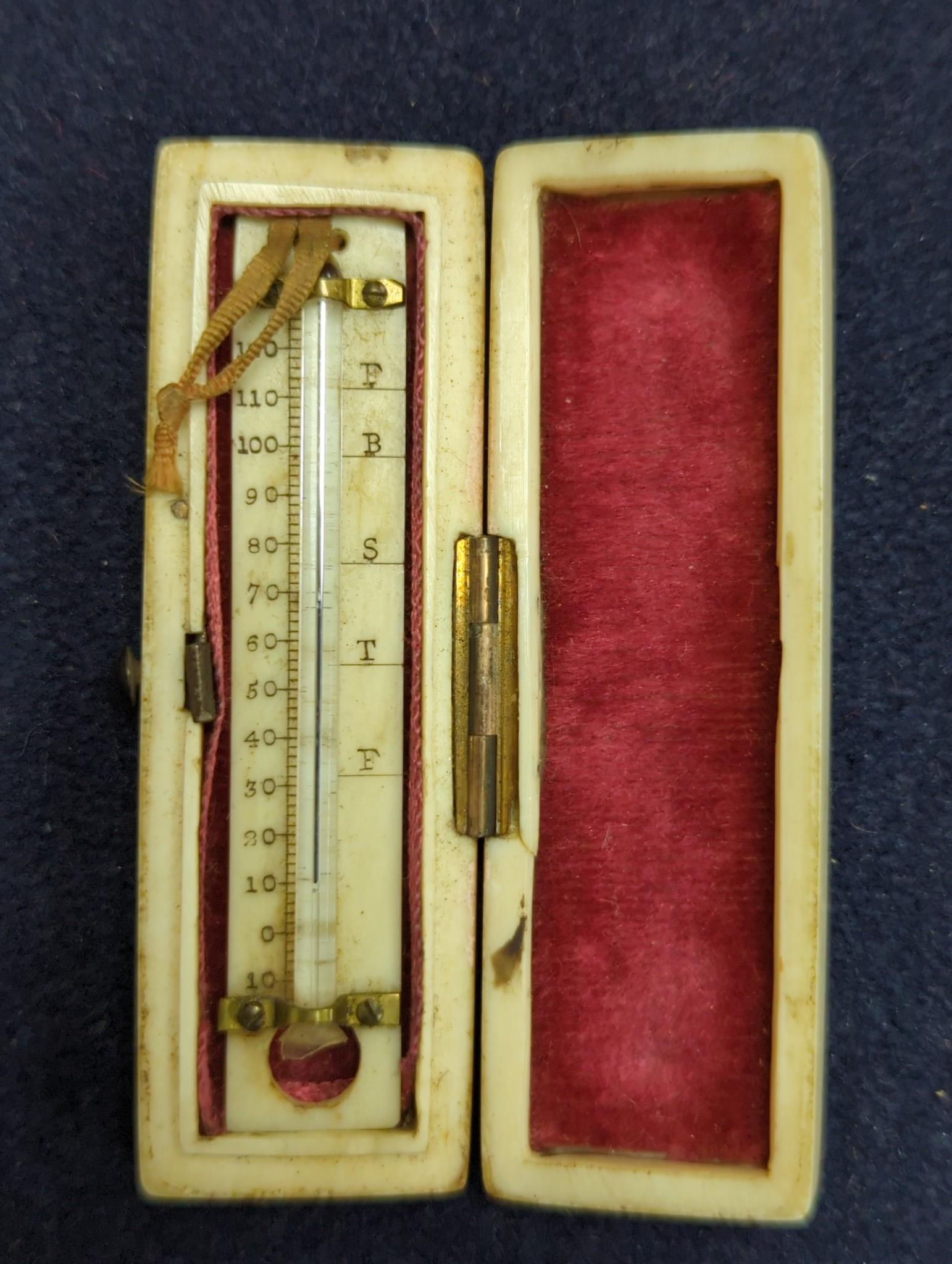 A George III ivory toothpick case, now containing a small thermometer